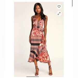 NWT Lulu’s Red Black Multi Scarf Print Satin Flounce Ruffle Wrap Midi Dress Sz M